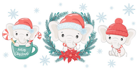 A set of three cute and sweet baby elephants for the New Year and Christmas. The elephant boy. Vector illustration of a cartoon.