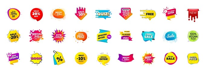 Best sale offer banners. Discounts price deal stickers. Special offer 3d bubble. Promotion sale tag coupons. Quiz bubble banner. Best discount deal sticker templates. Promotion Ad labels. Vector