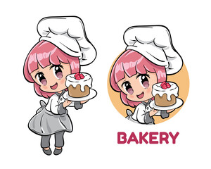 Cute female bakery chef presenting raspberry chocolate tart