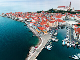 Fototapeta na wymiar Piran Town and Harbour in Slovenia. Adriatic Sea Drone view
