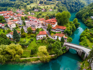 Fototapeta na wymiar Riverside Most na Soci Picturesque Town in Slovenia