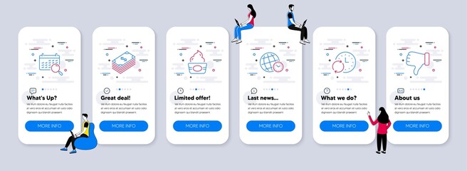 Business icons set. UI phone app screens with teamwork. Included icon as Dollar, Update time, Search calendar signs. Time zone, Ice cream, Dislike hand line icons. Vector