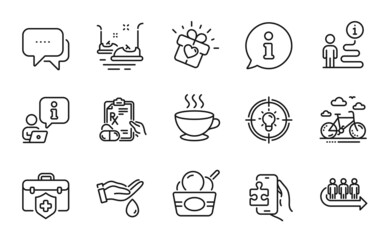 Business icons set. Included icon as Coffee cup, Bumper cars, Puzzle game signs. Idea, Prescription drugs, Message symbols. Medical insurance, Queue, Ice cream. Love gift, Bike rental. Vector