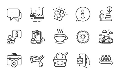 Fototapeta premium Business icons set. Included icon as Coffee cup, Bumper cars, Puzzle game signs. Idea, Prescription drugs, Message symbols. Medical insurance, Queue, Ice cream. Love gift, Bike rental. Vector