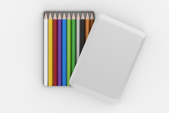 realistic box of colored pencils icon set closeup isolated on white background.