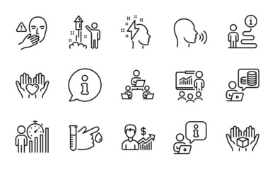 People icons set. Included icon as Hold heart, Business growth, Teamwork signs. Presentation, Blood donation, Business statistics symbols. Hold box, Dont touch, Budget accounting. Vector