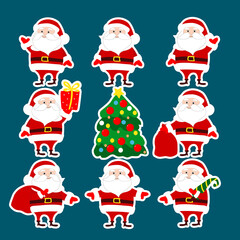 Set stickers Santa Claus in various poses: waving, holding a spruce, gifts, snowflake. Cartoon character of Christmas and New Year holidays. Vector illustration on a blue background.