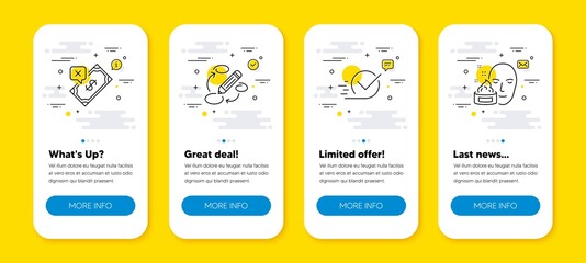 Vector set of Keywords, Checkbox and Rejected payment line icons set. UI phone app screens with line icons. Face cream icon. Marketing strategy, Approved, Bank transfer. Gel. Phone UI banners. Vector