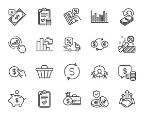 Vector set of Salary, Coins and Delivery discount line icons set. Decreasing graph, Rejected payment and Piggy bank icons. Accounting checklist, Graph chart and Credit card signs. Vector