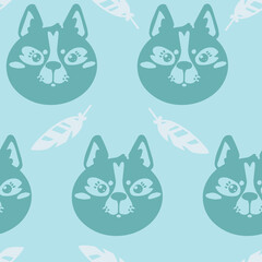 Seamless pattern for baby fabric. Animal faces. Delicate colors. Monochrome.