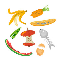 Organic garbage isolated on white background. Food leftover or rubbish for domestic composting.Zero waste concept.Cartoon design element for pollution environment and ecology.Stock vector illustration