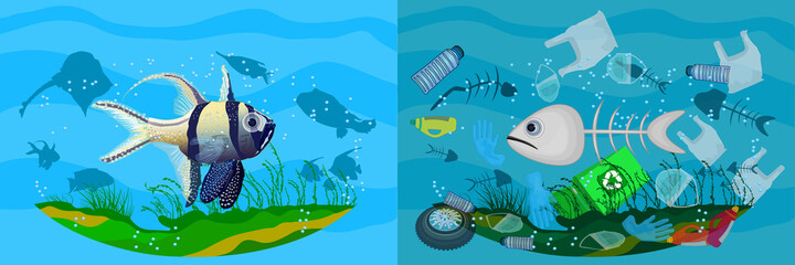 Stop ocean pollution banner. Ecological poster with difference between clean and dirty sea.Clear water with fish and polluted water with fishbones and garbage.Save the oceans.Stock vector illustration