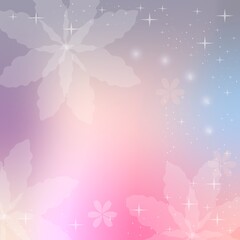 Fototapeta na wymiar A shiny silk scarf of a delicate dawn color with small stars, distant galaxies and large snowflakes in the form of fabulous flowers. Abstract background, packaging design, print for fabric.