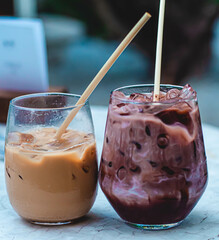 Iced coffee and chocolate in glass. beverage served chilled