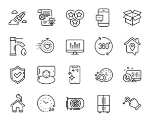 Vector set of Timer, Startup rocket and Confirmed line icons set. Cogwheel, Augmented reality and Open box icons. Tap water, Music making and Smartphone message signs. Timer web symbol. Vector
