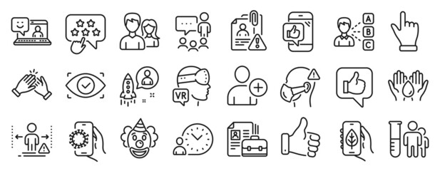 Set of People icons, such as Like, Medical mask, Time management icons. Teamwork, Click hand, Opinion signs. Clown, Social distance, Covid app. Mobile like, Medical analyzes, Biometric eye. Vector