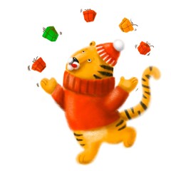 cute little tiger the symbol of 2022 juggling present boxes, winter illustration with the cartoon character