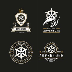 Set of Vintage Retro Ship steering wheel logo. With turtle, whale, crown, and shield on gold, black, white colors. Premium and luxury logo template