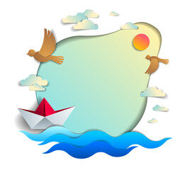 Paper ship swimming in the sea waves with beautiful beach and palms, frame or border with copy space, origami toy boat floating in the ocean, scenic seascape, birds and clouds in the sky, vector.