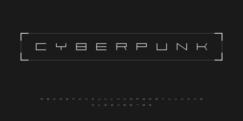 Futuristic cyberpunk style font. English alphabet and numbers in cyberpunk tech style. Good for design banners, electronic music events, game titles. HUD font.