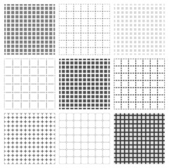 Fototapeta premium Minimal simple geometric seamless patterns set, vector abstract backgrounds with lines and dashes, wallpapers for web design and print. Black and white swatches.