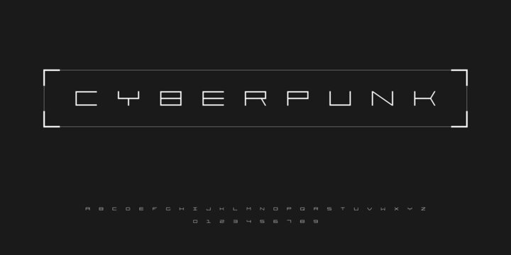 Futuristic Cyberpunk Style Font. English Alphabet And Numbers In Cyberpunk Tech Style. Good For Design Banners, Electronic Music Events, Game Titles. HUD Font.