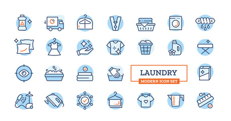 Vector laundry icons with pictogram of hand washing, dress, iron, washing powder for website - obrazy, fototapety, plakaty