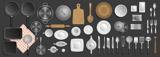 Kitchen utensils. Top view. Kitchenware, cookware, kitchen tools collection. (view from above)