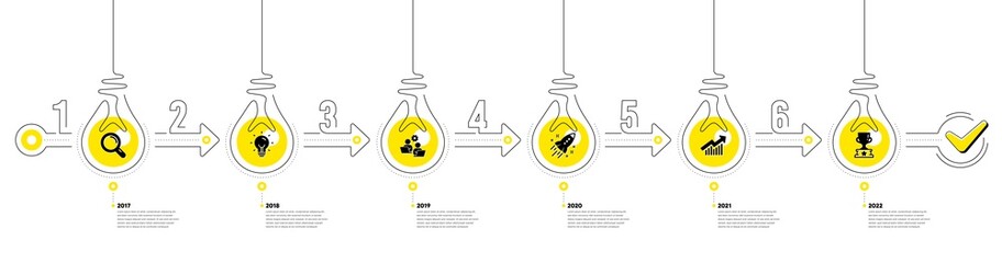 Business Infographic timeline with 6 steps. Workflow process diagram with Research idea, Team work, Growth chart and Winner cup target icons. Timeline infograph diagram. Vector