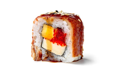 Roll unagi with smoked eel, mango or pineapple, tobiko caviar. Japanese food. Sushi menu for restaurant isolated on white background