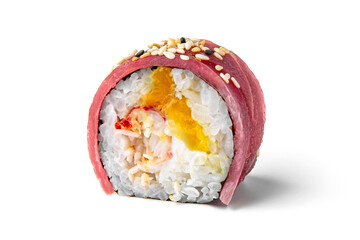 Sushi roll with tuna, crab meat and mango. Japanese food. Sushi menu for restaurant isolated on white background