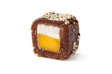 Chocolate sushi roll with mango. Japanese food. Sushi menu for restaurant isolated on white background