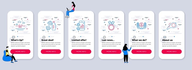 Set of Sports icons, such as Dumbbell, Honor, Laureate award icons. UI phone app screens with teamwork. Fitness app, Swimming pool, Whistle line symbols. Sport training, Medal, Prize. Vector