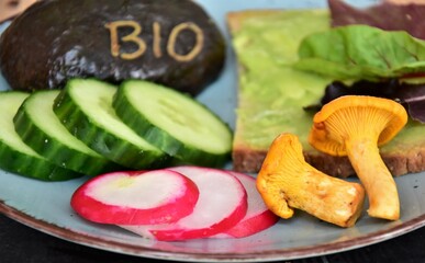 bio vegetables, avocado, radish, lettuce and tomatoes on a glass plate 