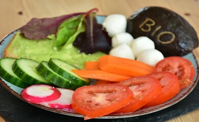 breakfast on a plate of organic products 