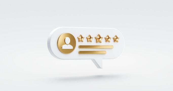 Five Gold Star Rate Review Customer Experience Quality Service Excellent Feedback Concept On Best Rating Satisfaction Background With Flat Design Ranking Icon Symbol. 3D Rendering.