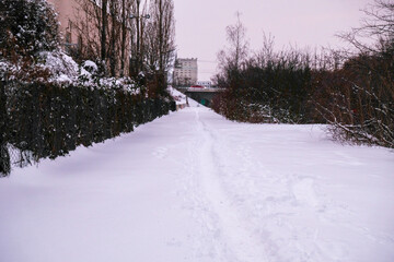 The snowy path along the Leipzig canal