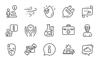 Science icons set. Included icon as Chemistry lab, First aid, Refresh website signs. Target path, Solar panels, Safe time symbols. Electric plug, Water drop, Medical mask. Windy weather. Vector