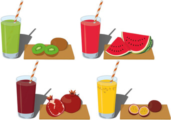 Glass of fresh fruit juice with cut fruits vector illustration