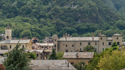 Fototapeta na wymiar Panoramic view of the historic center of Issogne, Valle d'Aosta, Italy, where the castle is located