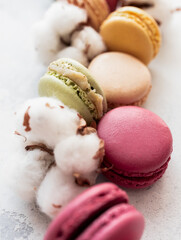 French macaroons on white background. Closeup