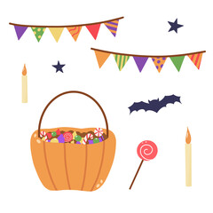 Halloween cute composition. Hand drawn vector illustrations isolated on white background.