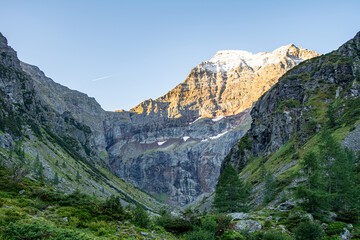 High alpine scenery in the Styrian Alps in Austria. Panoramic view of mountain tops during a hiking tour