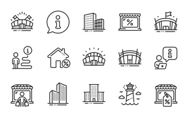 Buildings icons set. Included icon as Market, Arena stadium, Arena signs. Sports stadium, Buildings, Lighthouse symbols. Market buyer, Loan house, Skyscraper buildings. University campus. Vector