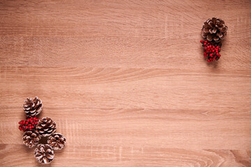 Top View of christmas decoration on wood background