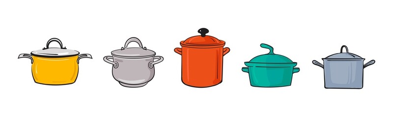 A saucepan with a lid in a cartoon style. Vector illustration.