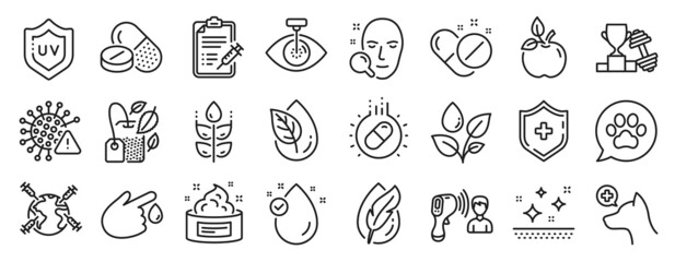 Set of Healthcare icons, such as Capsule pill, Medical shield, Covid virus icons. Vitamin e, Skin cream, Electronic thermometer signs. Plants watering, Pets care, Uv protection. Eco food. Vector