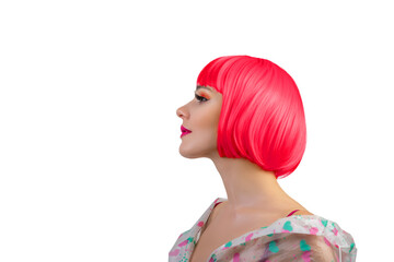 Profile Portrait of beautiful sexy woman in red wig isolated on white background