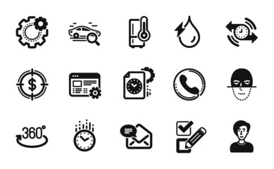 Obraz premium Vector set of Businesswoman person, Dollar target and Time icons simple set. Search car, Face recognition and Project deadline icons. Refrigerator, Full rotation and Timer signs. Vector