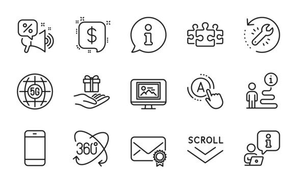 Business icons set. Included icon as Puzzle, Payment message, Photo thumbnail signs. Recovery tool, Smartphone, 5g internet symbols. Ab testing, Loyalty program, Full rotation. Scroll down. Vector